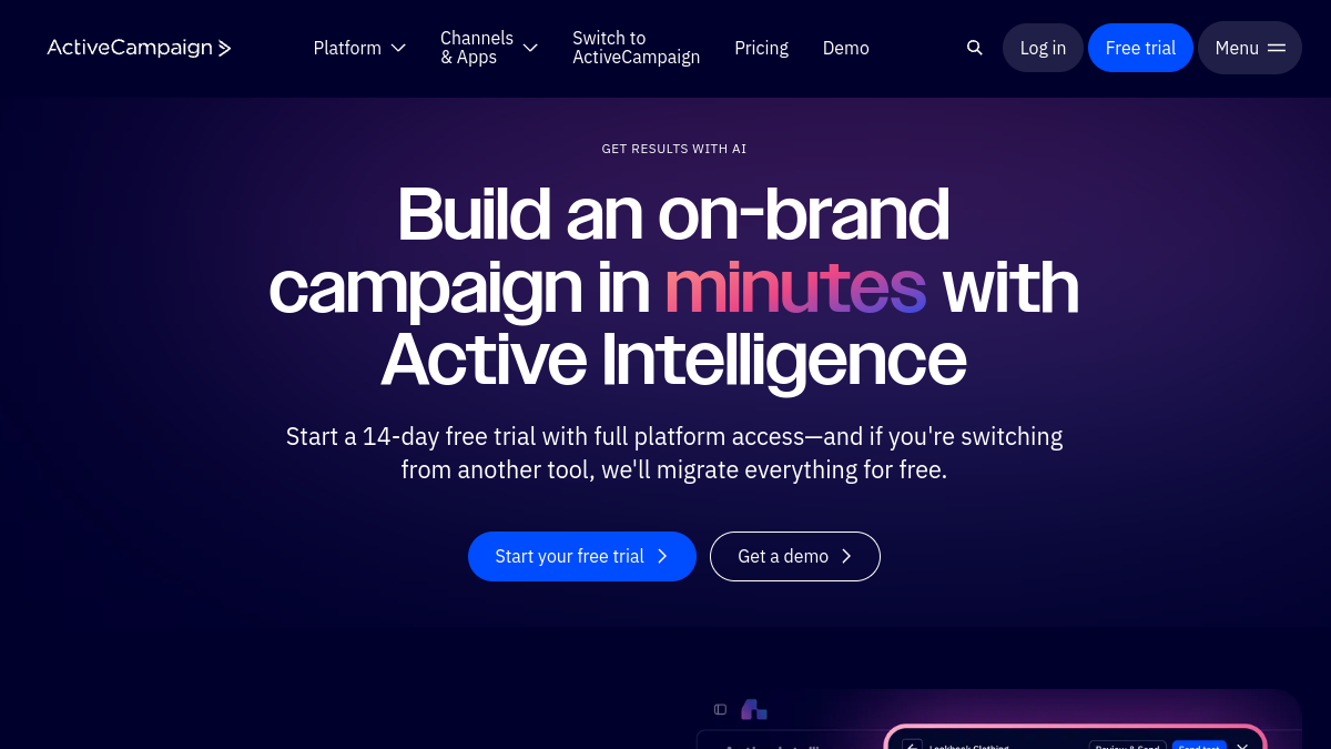 ActiveCampaign AI ana sayfa görünümü