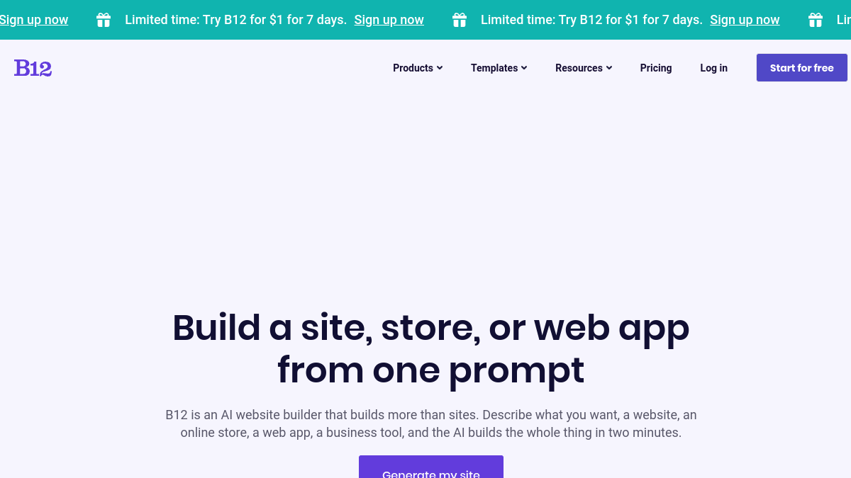 B12 AI Website Builder — Live product homepage preview