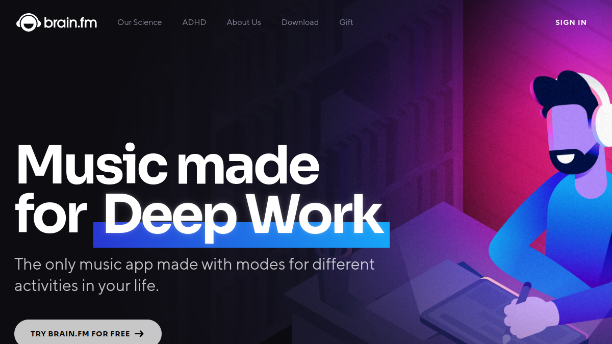 Brain.fm ana sayfa görünümü