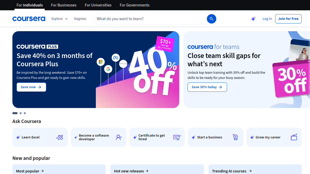 Coursera (Free Audit) ana sayfa görünümü