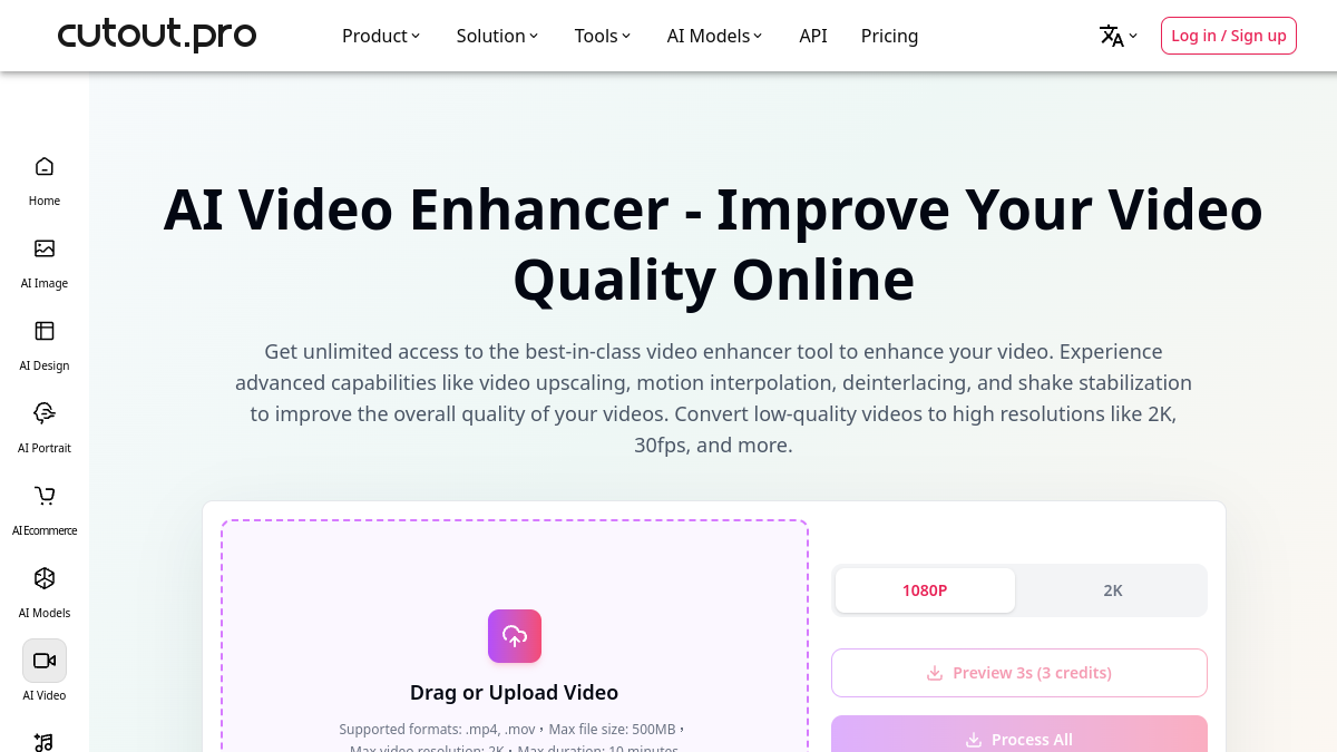 Cutout.Pro Video Enhancer ana sayfa görünümü