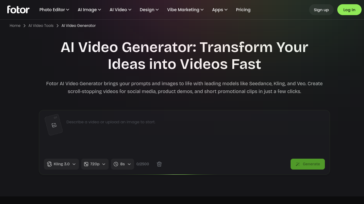 Fotor AI Video Generator ana sayfa görünümü
