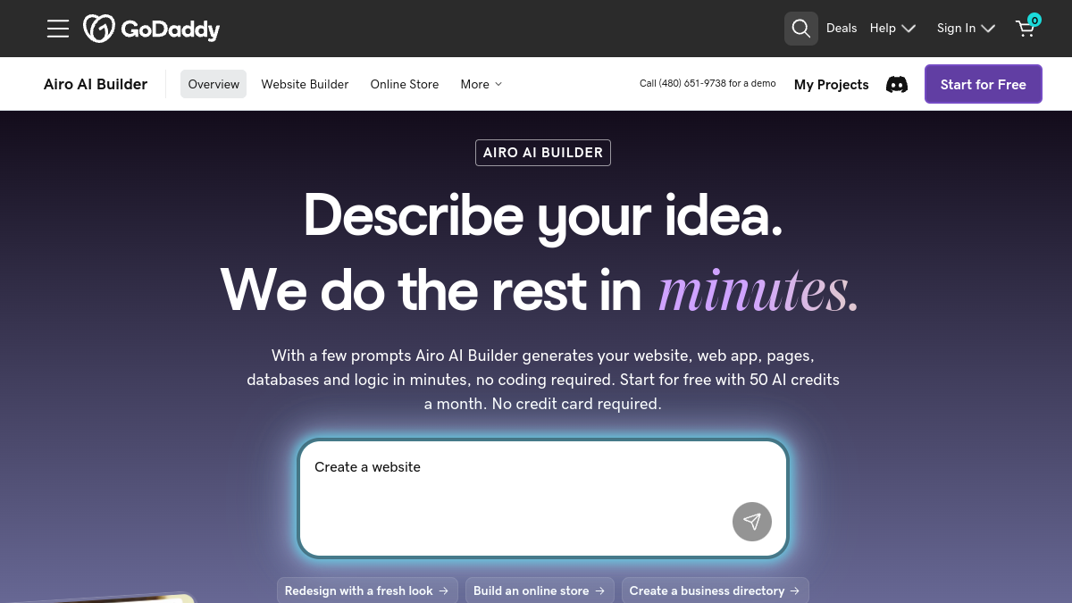 GoDaddy Airo AI Builder — Live product homepage preview