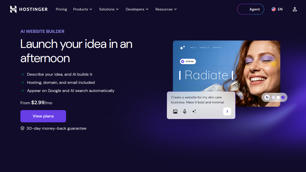 Hostinger AI Website Builder — Live product homepage preview