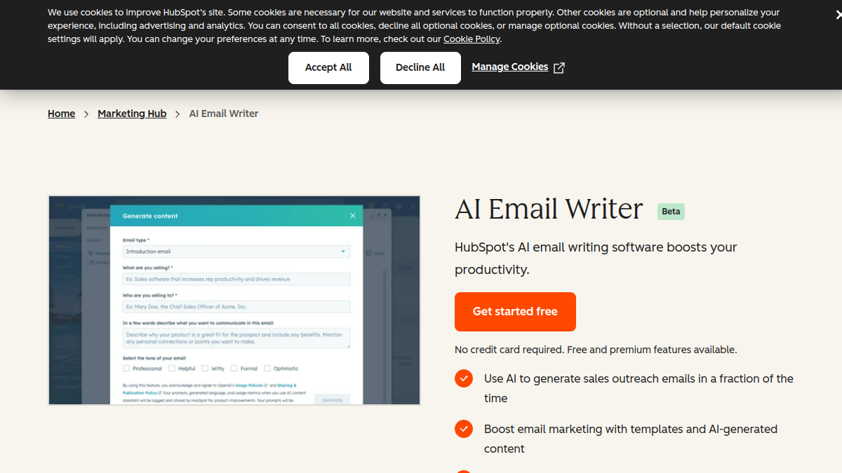 HubSpot AI Email Writer ana sayfa görünümü