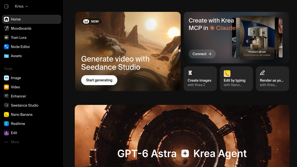 Krea Video ana sayfa görünümü