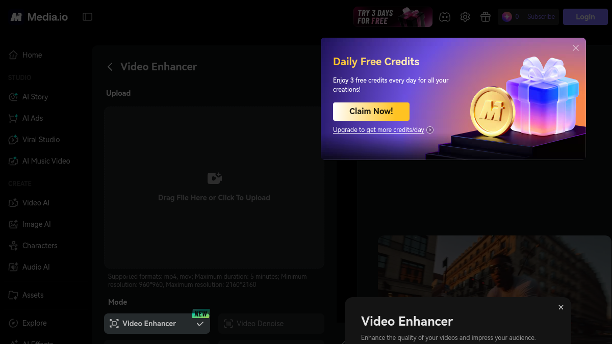 Media.io Video Enhancer ana sayfa görünümü