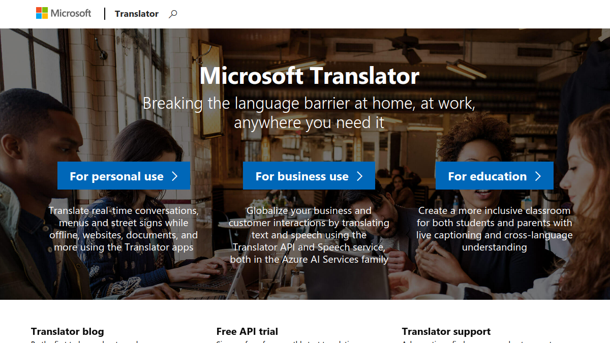 Microsoft Translator ana sayfa görünümü