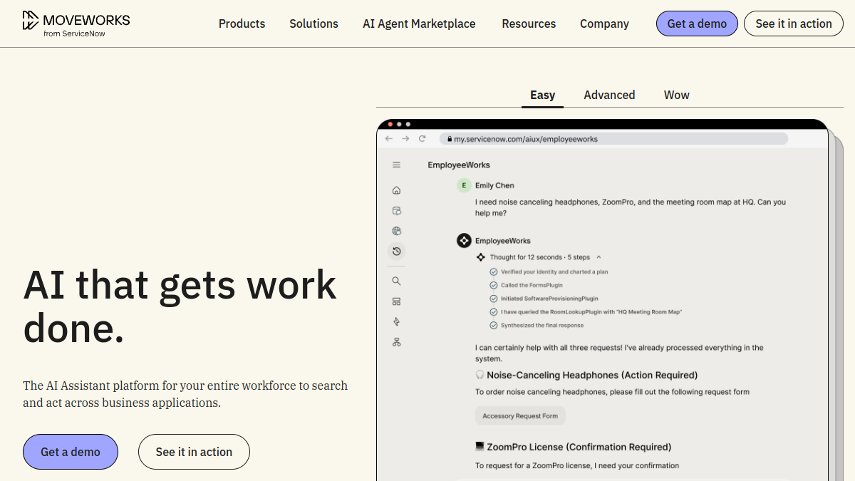 Moveworks ana sayfa görünümü