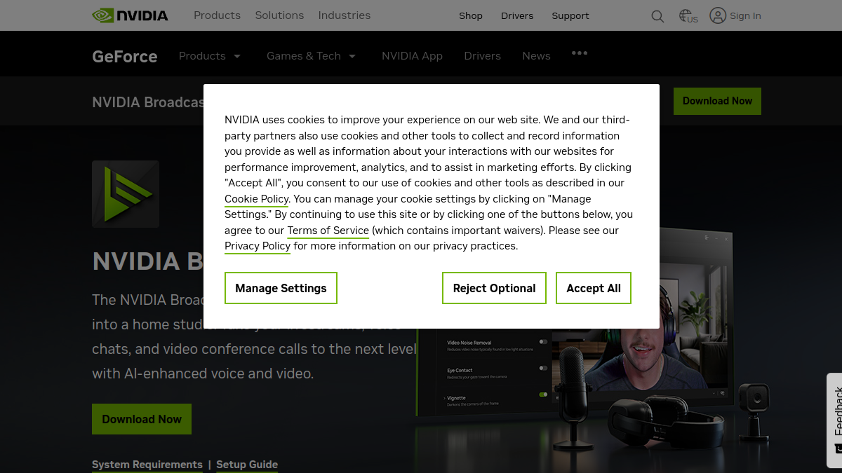 NVIDIA Broadcast ana sayfa görünümü