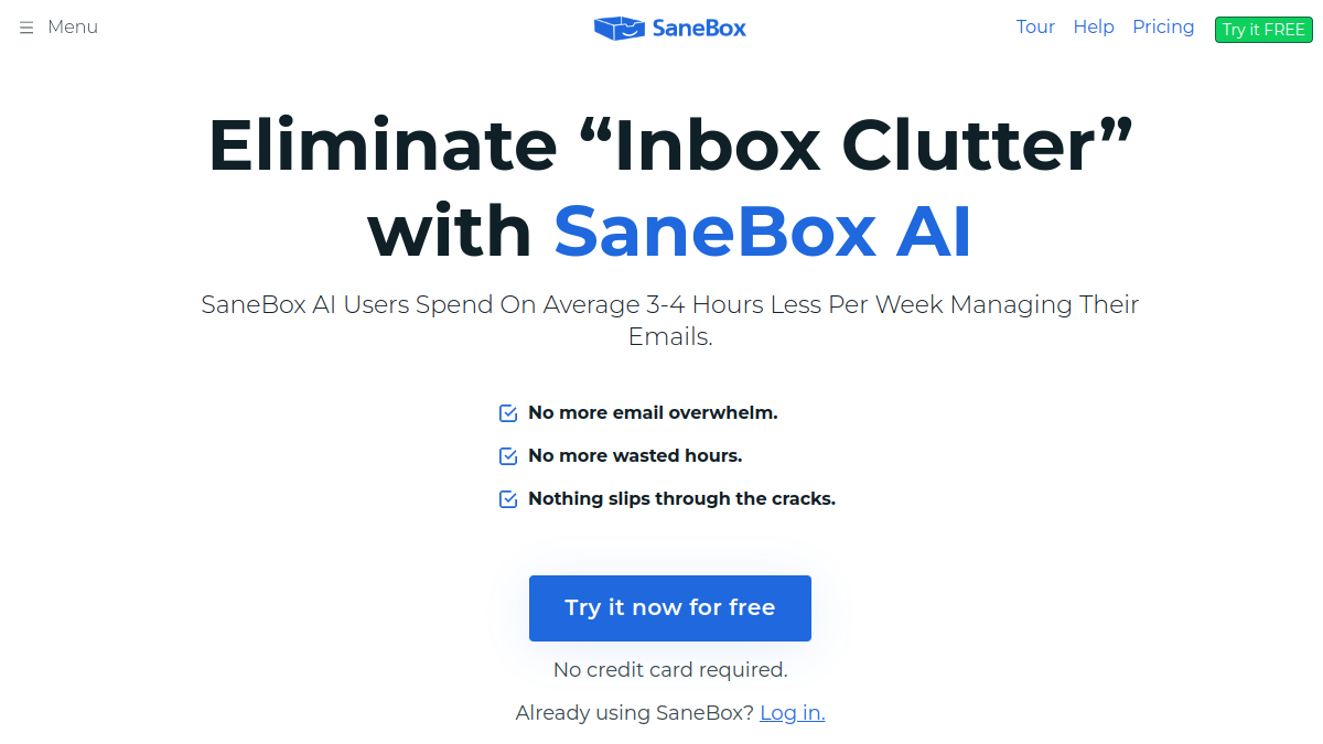 SaneBox ana sayfa görünümü