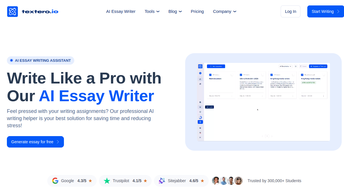 Textero AI Essay Writer ana sayfa görünümü