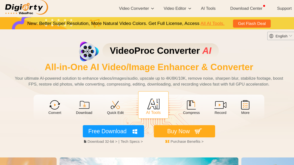 VideoProc Converter AI ana sayfa görünümü
