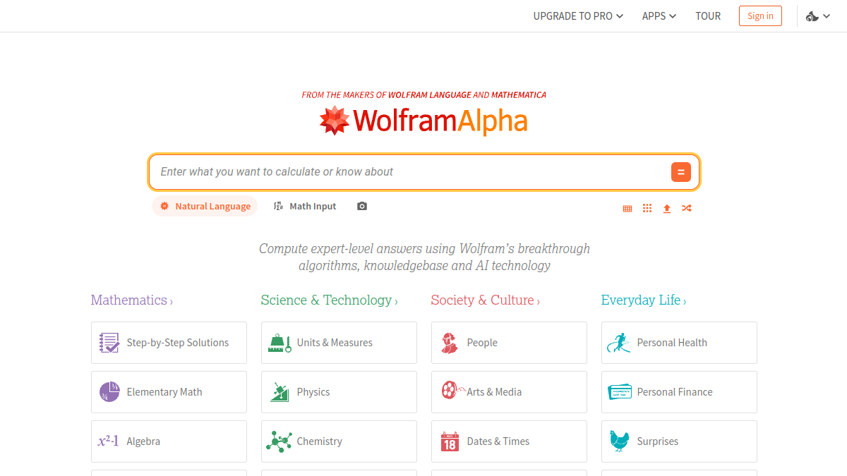 WolframAlpha ana sayfa görünümü