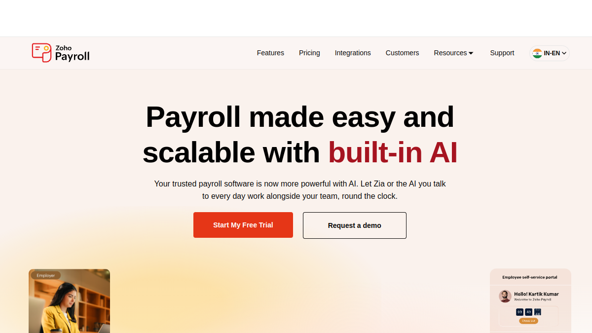 Zoho Payroll homepage screenshot