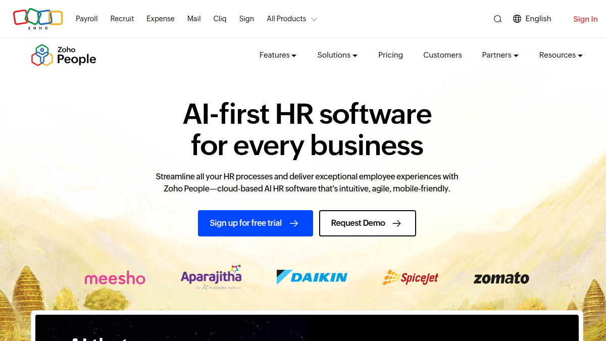 Zoho People homepage screenshot