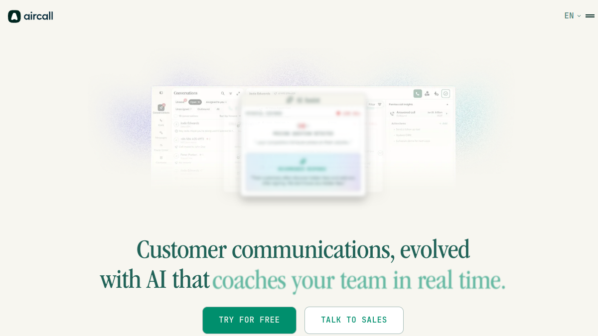 Screenshot der Startseite von Aircall