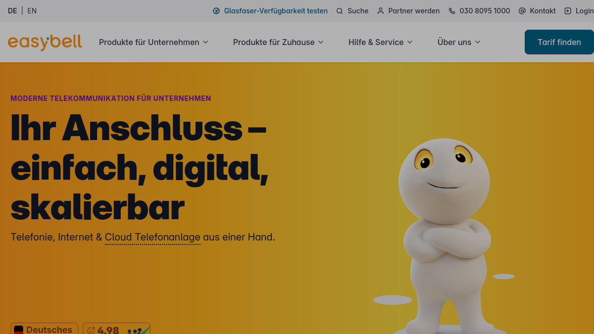 Screenshot der Startseite von easybell