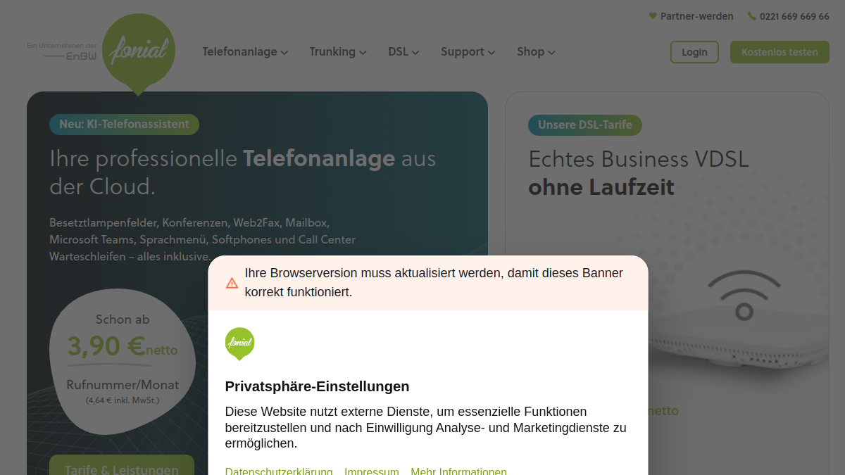 Screenshot der Startseite von fonial