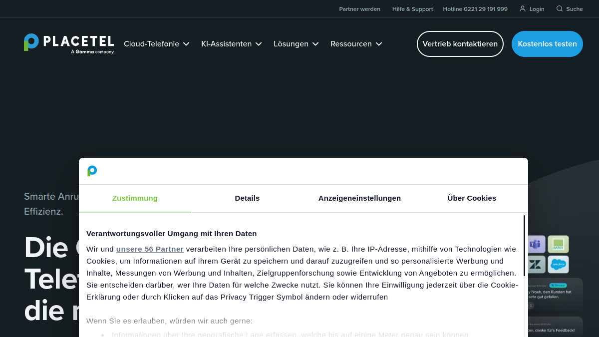 Screenshot der Startseite von Placetel
