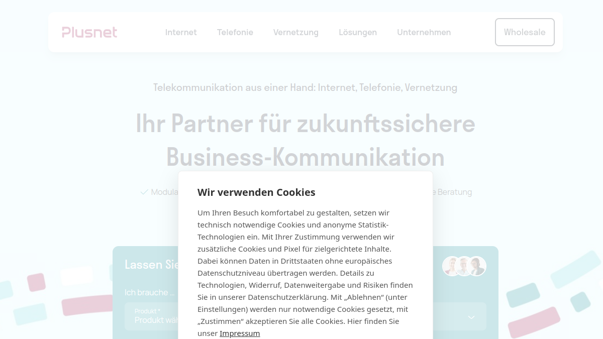 Screenshot der Startseite von Plusnet