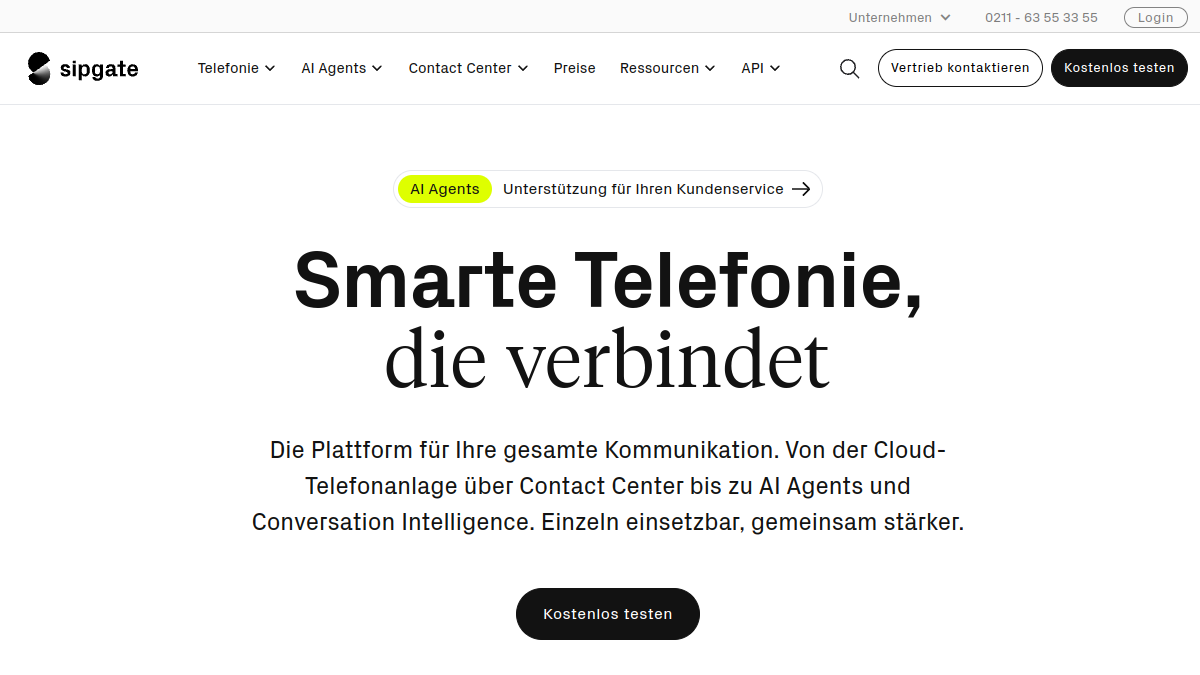 Screenshot der Startseite von sipgate