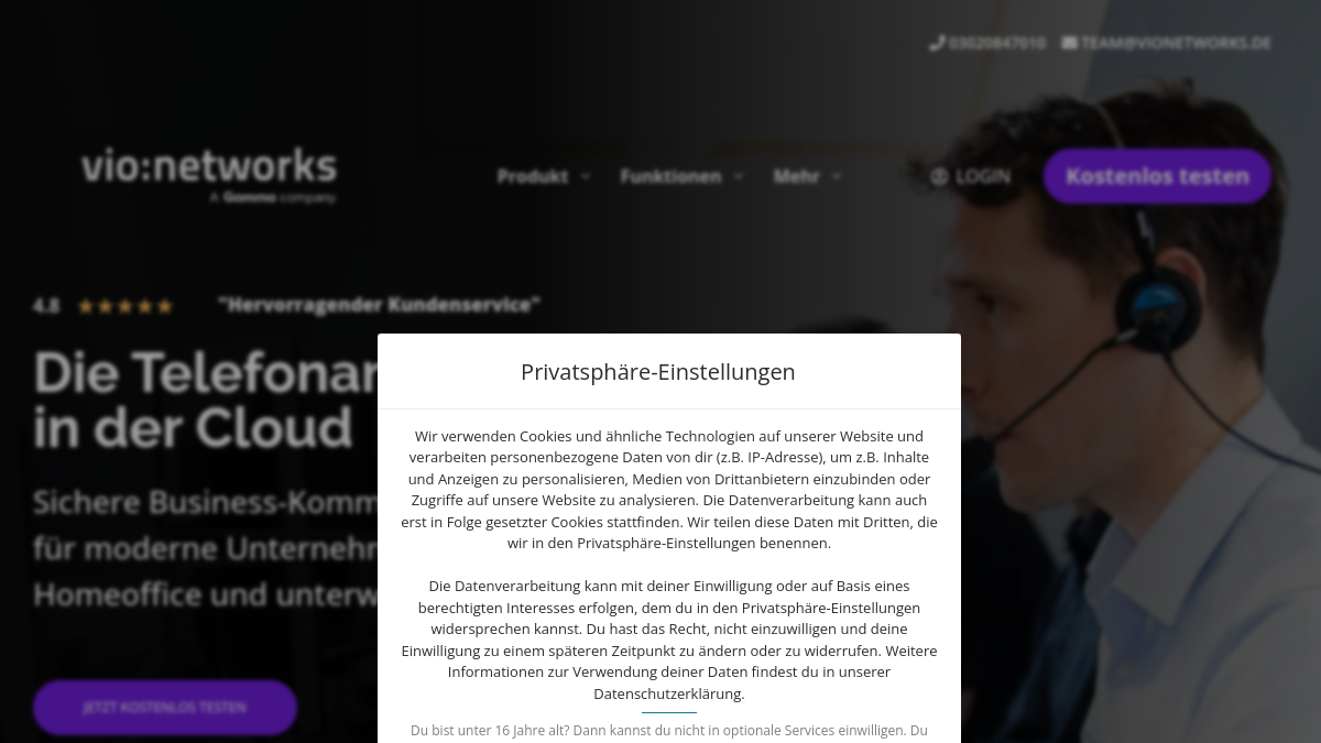 Screenshot der Startseite von vio:networks