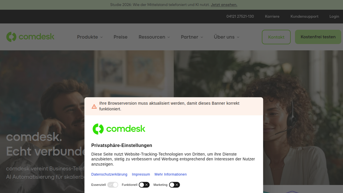 Screenshot der Startseite von CallOne