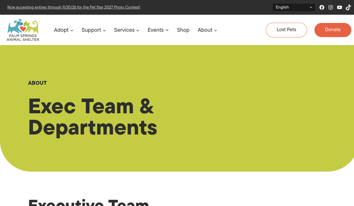 Palm Springs Animal Shelter executive team page featuring Jasmina Sumanovic