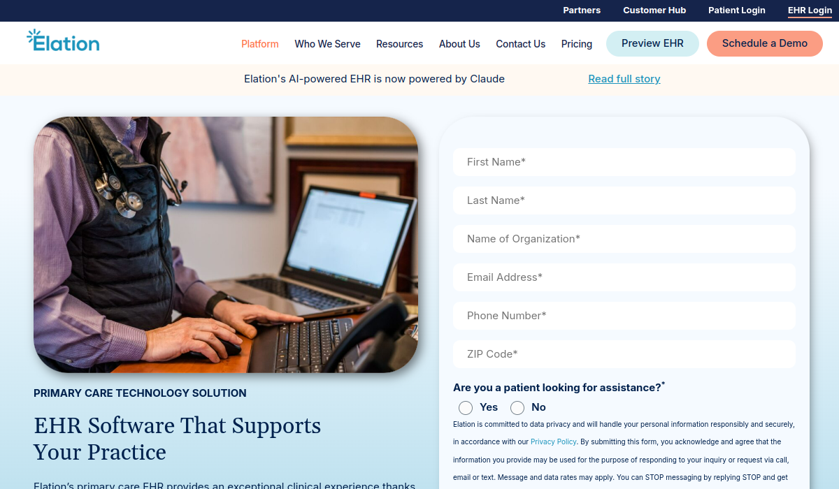 Elation Health EHR software page screenshot