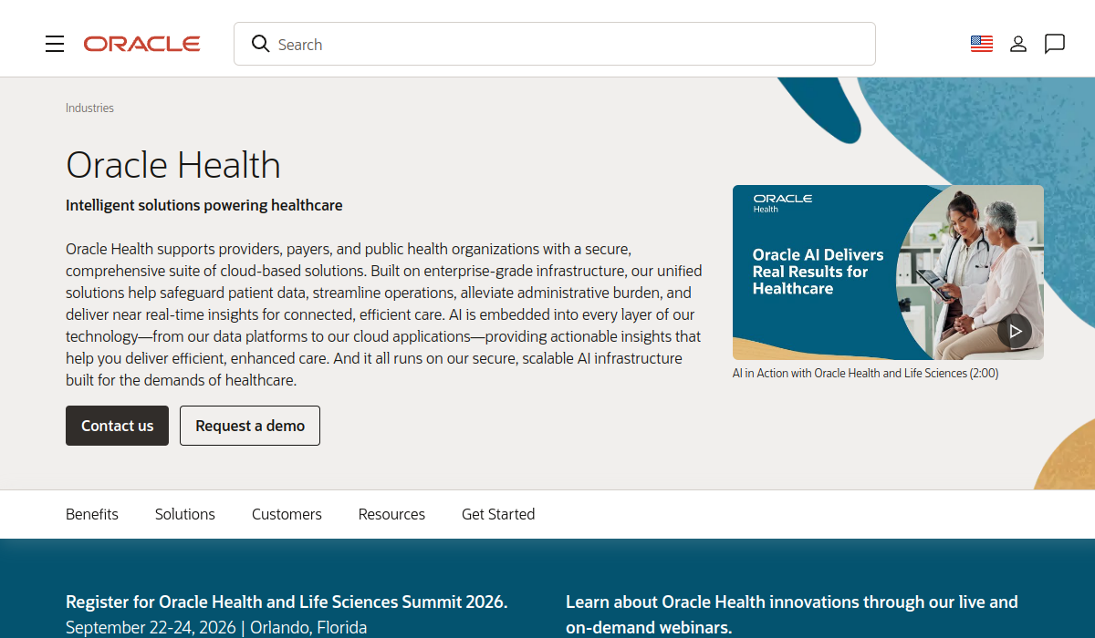 Oracle Health EHR official website homepage screenshot