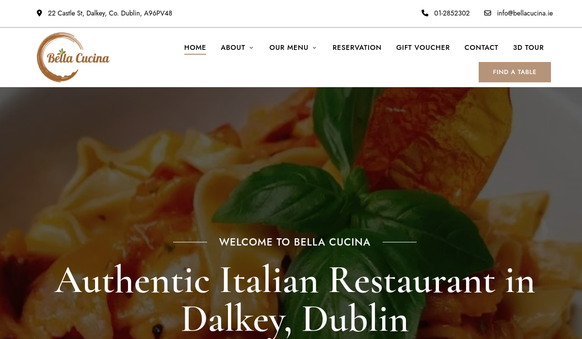 Bella Cucina homepage showing an Italian pasta dish