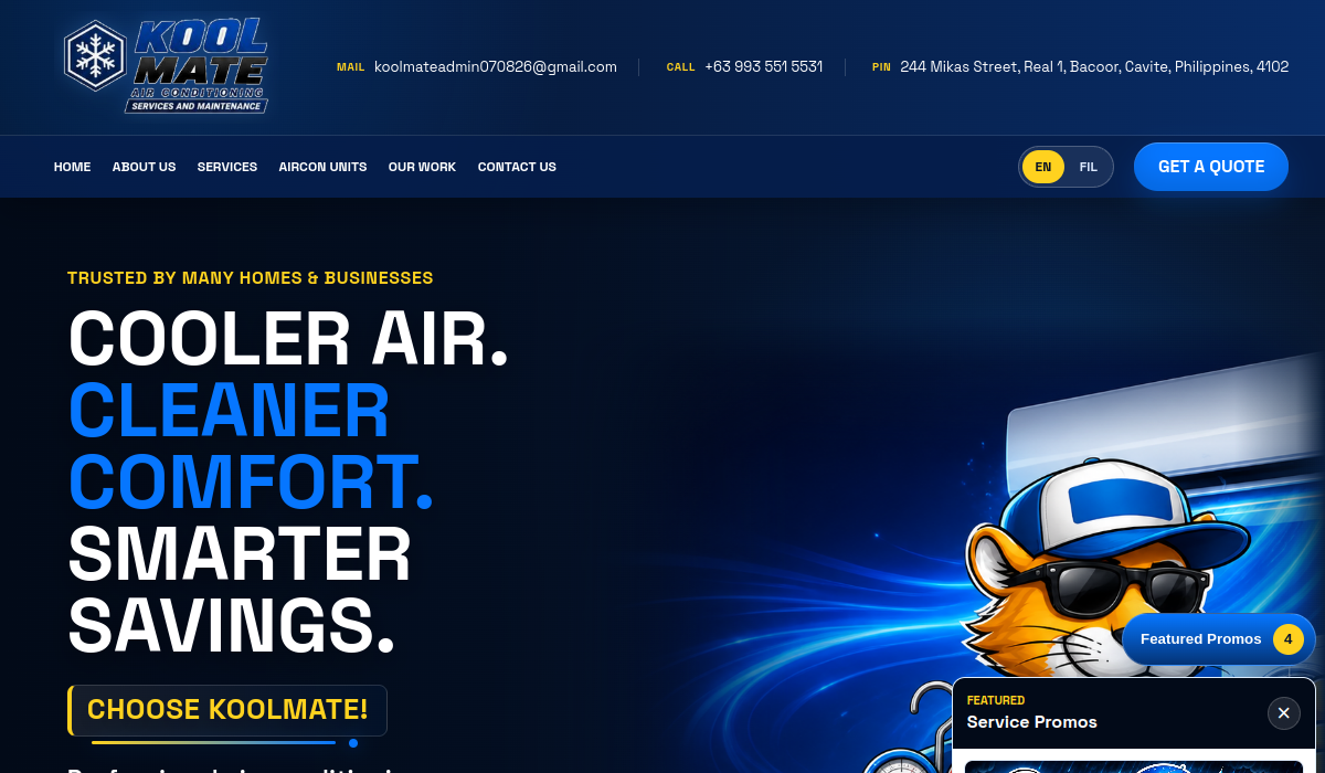 Live website preview of the Koolmate Airconditioning homepage