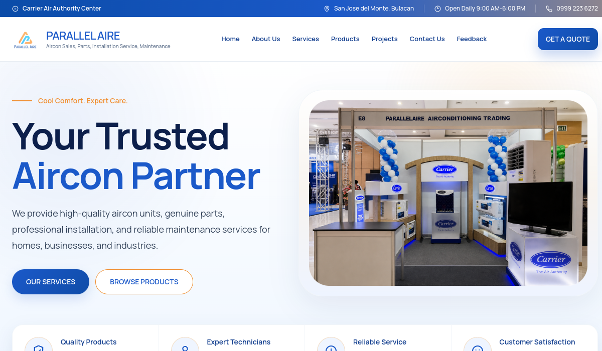 Live website preview of the Parallel Aire homepage