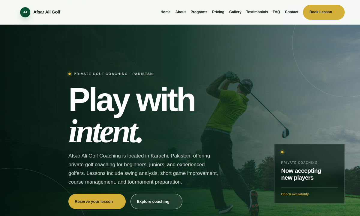 Actual screenshot of Afsar Ali Golf Coaching website