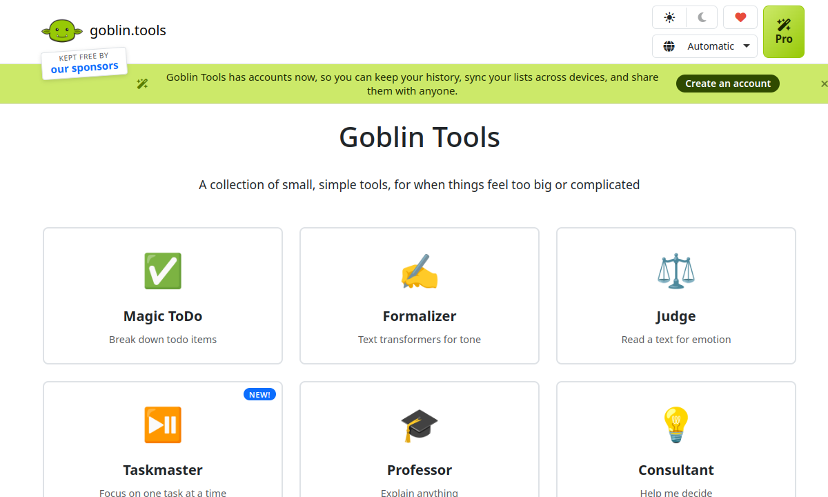 Screenshot di Goblin Tools