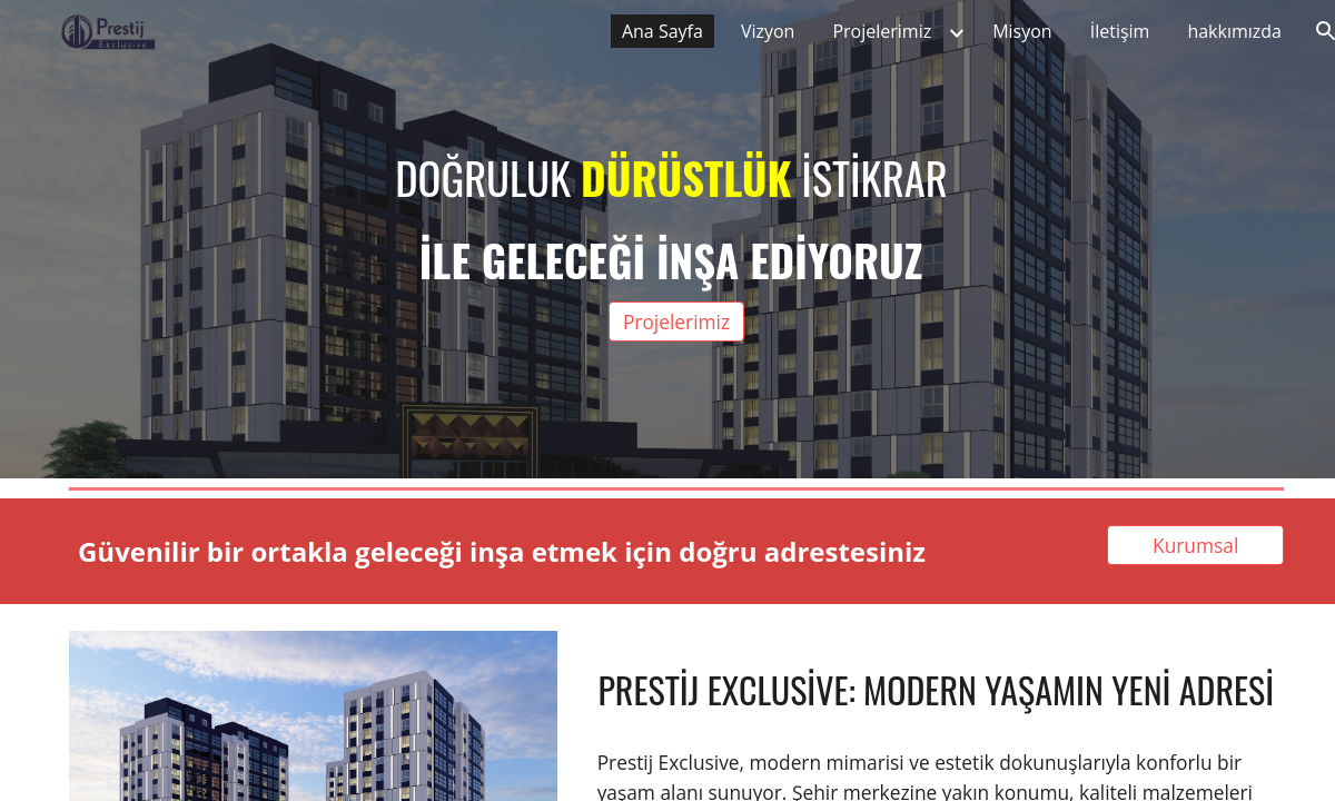 Prestij İnşaat web sitesi görünümü