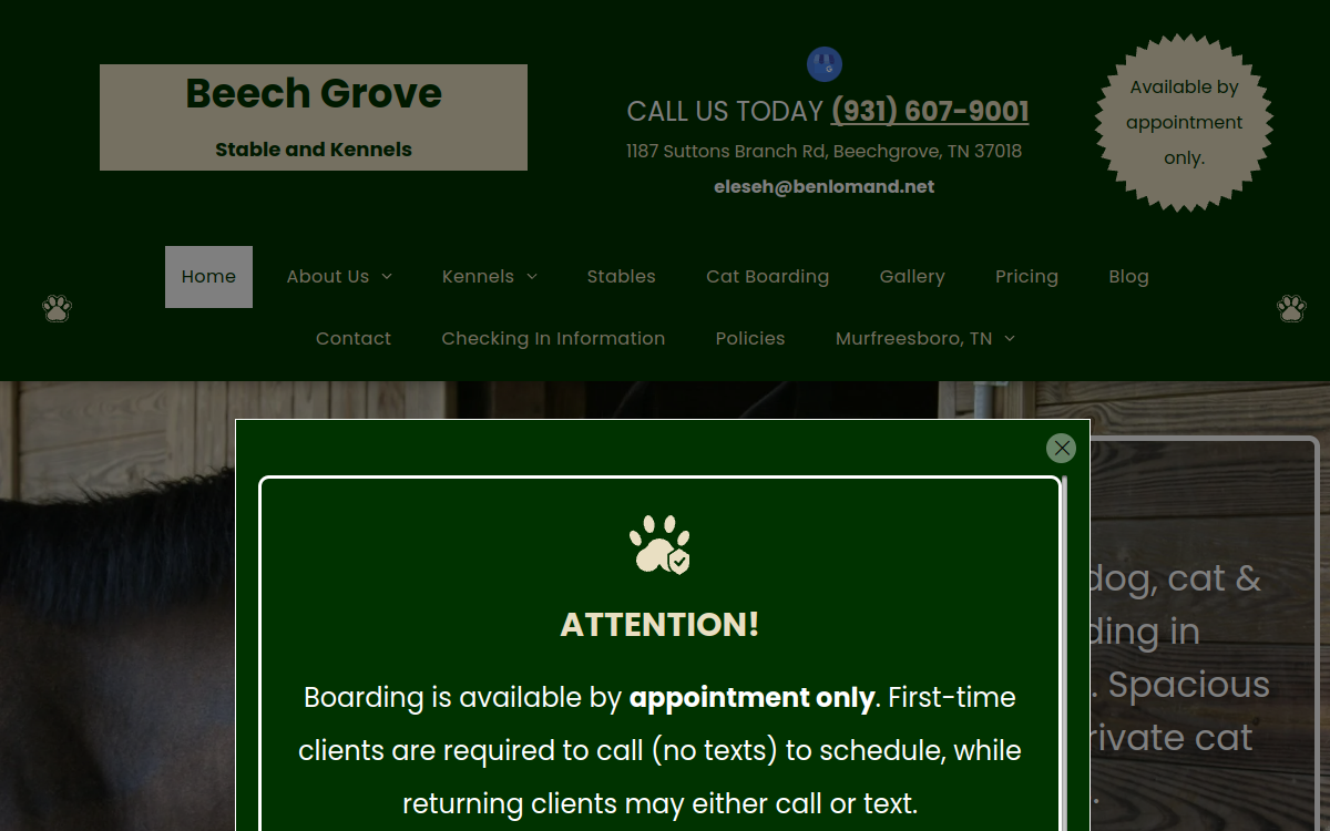 Beech Grove Stable and Kennels website screenshot