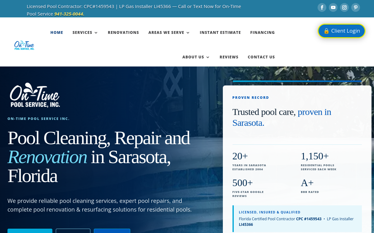 On-Time Pool Service, Inc. website screenshot