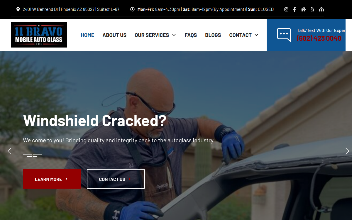 11 Bravo Mobile Auto Glass website screenshot