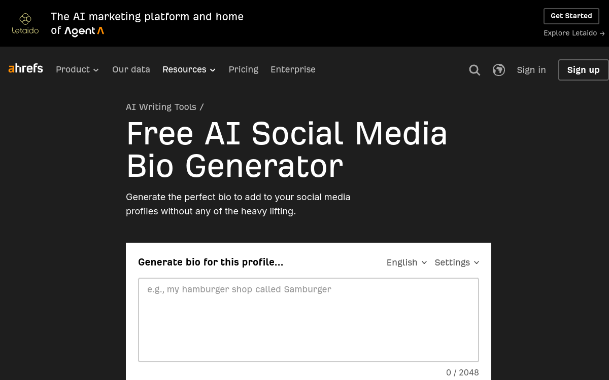 Screenshot of Ahrefs AI Bio Generator