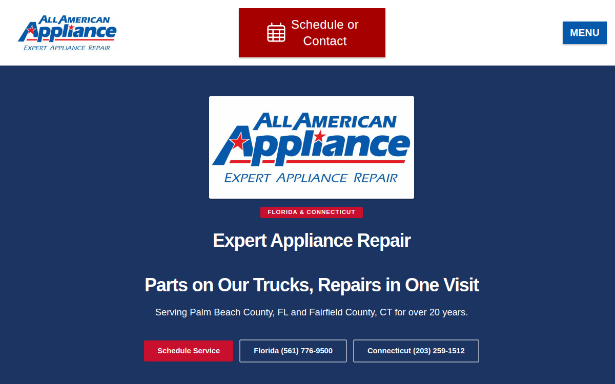 All American Appliance, Inc website screenshot