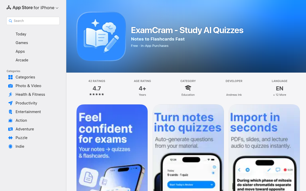 Screenshot of ExamCram – Study AI Quizzes