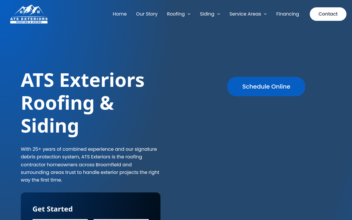 ATS Exteriors Roofing and Siding website screenshot