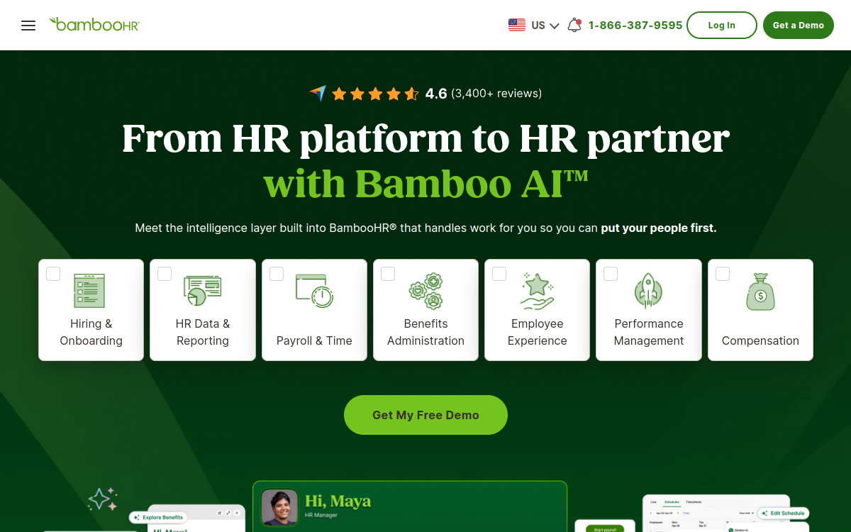 A BambooHR home dashboard showing time off balances, company announcements, employee celebrations, and who is out today and tomorrow.