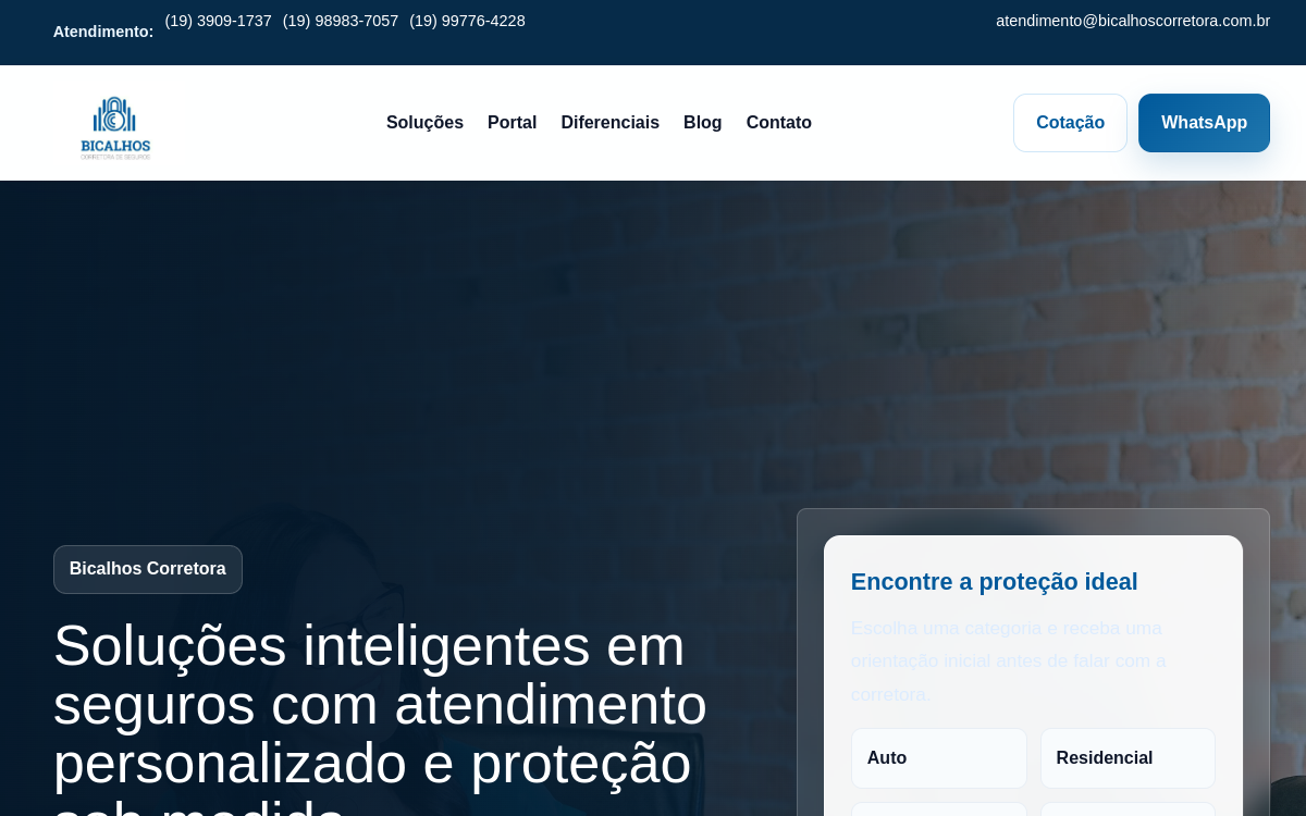 Página inicial do site Bicalhos Corretora