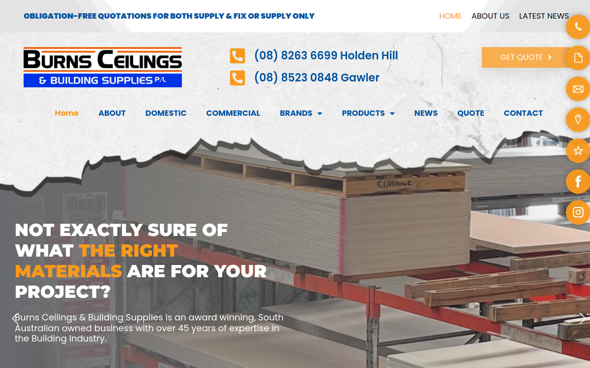Burns Ceilings & Building Supplies Pty Ltd website screenshot