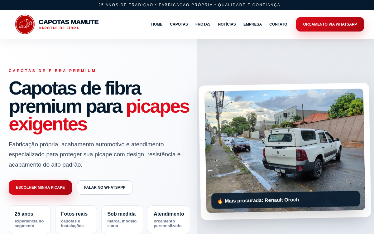 Página inicial do site Capotas Mamute