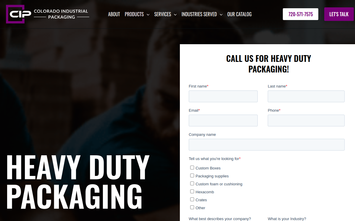 Colorado Industrial Packaging website screenshot