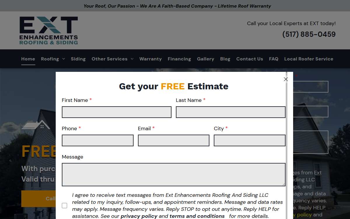 EXT Enhancements Roofing & Siding LLC website screenshot